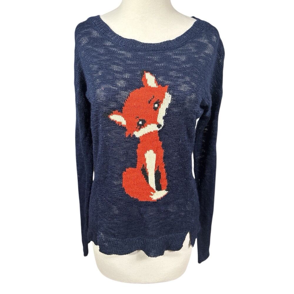 Pink Rose Baby Fox Navy Blue Knit Sweater Top Sz M